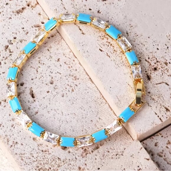 14K Gold Womens 1ct Diamond Natural Turquoise Gemstone Tennis Bracelet Jewelry - Picture 4 of 7
